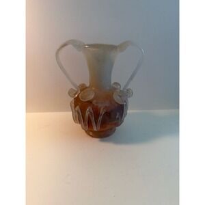 Vintage Murano Scavo Iridescent Art Glass Vase w/Crimp Handles 5"